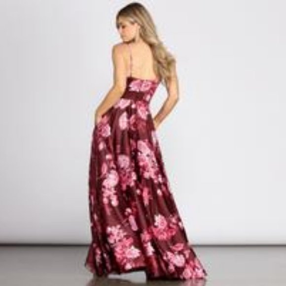 LHEA SATIN FLORAL A-LINE DRESS BURGUNDY - Picture 4 of 6